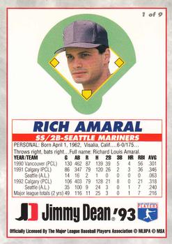 1993 Jimmy Dean Rookies #1 Rich Amaral Back