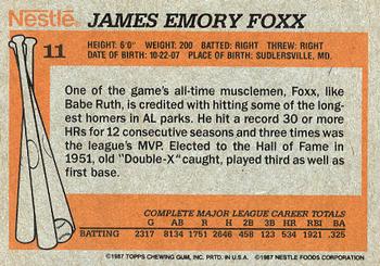 1987 Topps Nestle All Time Dream Team #11 Jimmie Foxx Back
