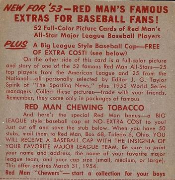 1953 Red Man #NL26 Stan Musial Back