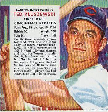 1954 Red Man #NL6 Ted Kluszewski Front