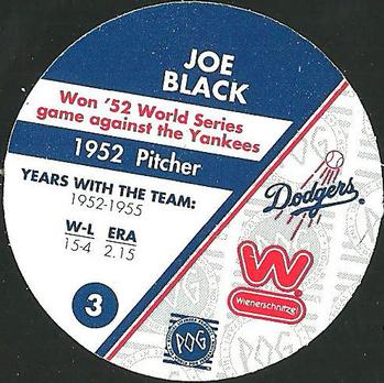 1995 Weinerschnitzel Dodgers Rookie of the Year Pogs #3 Joe Black Back