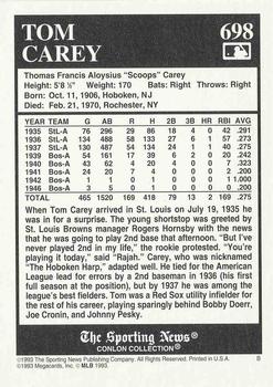 1993 Conlon Collection TSN #698 Tom Carey Back