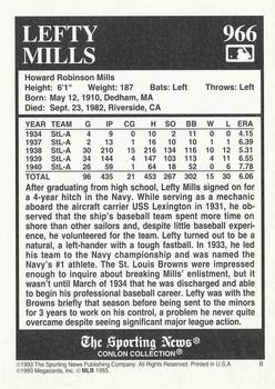 1993 Conlon Collection TSN #966 Lefty Mills Back