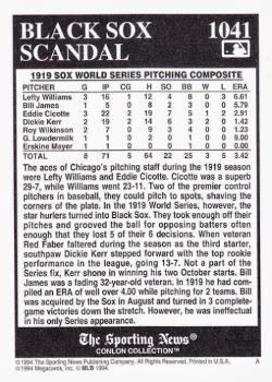 1994 Conlon Collection TSN #1041 1919 White Sox Pitchers (Lefty Williams / Bill James / Eddie Cicotte / Dickie Kerr) Back