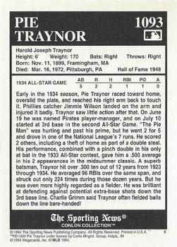 1994 Conlon Collection TSN #1093 Pie Traynor Back