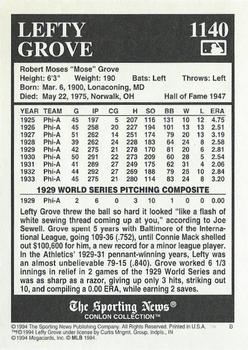 1994 Conlon Collection TSN #1140 Lefty Grove Back