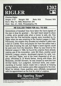 1994 Conlon Collection TSN #1202 Cy Rigler Back
