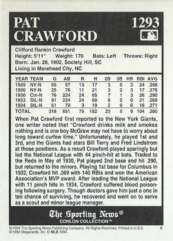 1994 Conlon Collection TSN #1293 Pat Crawford Back