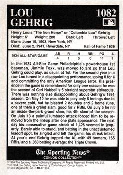 1994 Conlon Collection TSN - Burgundy #1082 Lou Gehrig Back