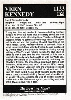 1994 Conlon Collection TSN - Burgundy #1123 Vern Kennedy Back