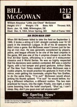 1994 Conlon Collection TSN - Burgundy #1212 Bill McGowan Back