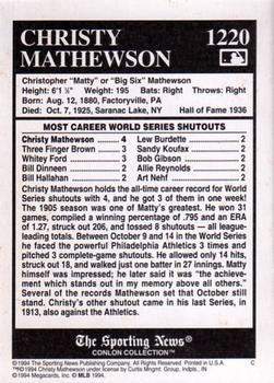 1994 Conlon Collection TSN - Burgundy #1220 Christy Mathewson Back