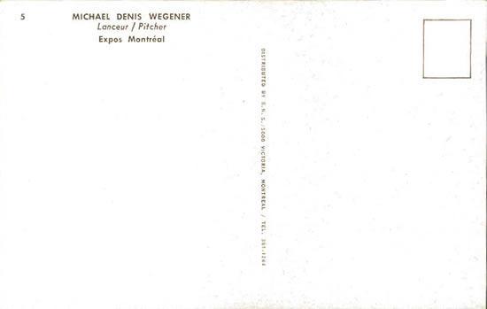 1969 Montreal Expos Postcards #5 Mike Wegener Back