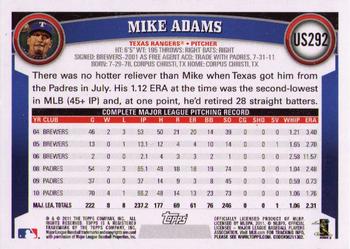 2011 Topps Update #US292 Mike Adams Back