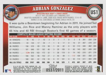 2011 Topps Update - Gold #US1 Adrian Gonzalez Back