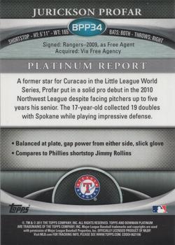 2011 Bowman Platinum - Prospects Green Refractors #BPP34 Jurickson Profar Back