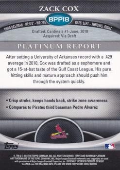 2011 Bowman Platinum - Prospects Purple Refractors #BPP18 Zack Cox Back
