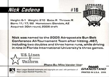 2006 Grandstand Spokane Indians #NNO Nick Cadena Back