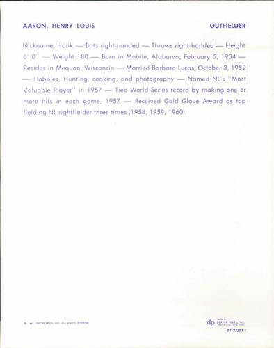 1967 Dexter Press Atlanta Braves #DT-22203C Hank Aaron Back