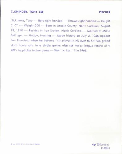 1967 Dexter Press Atlanta Braves #DT-22205C Tony Cloninger Back