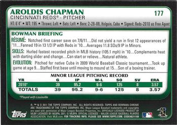 2011 Bowman Chrome #177 Aroldis Chapman Back