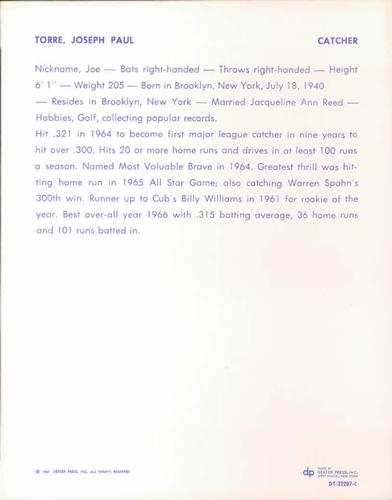1967 Dexter Press All-Stars #11 Joe Torre Back