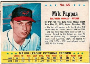 1963 Post Cereal #65 Milt Pappas Front