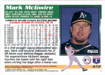1995 Topps #472 Mark McGwire Back