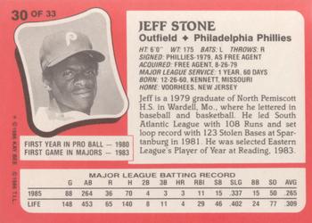 1986 Topps Kay-Bee Young Superstars of Baseball #30 Jeff Stone Back