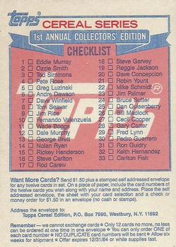 1984 Topps Cereal Series #NNO Header Card / Checklist Back