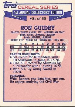 1984 Topps Cereal Series #31 Ron Guidry Back