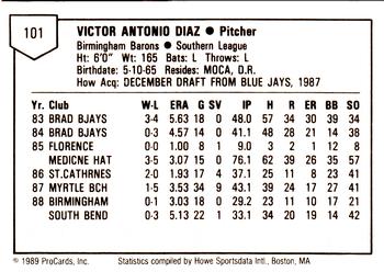 1989 ProCards Minor League Team Sets #101 Victor Diaz Back