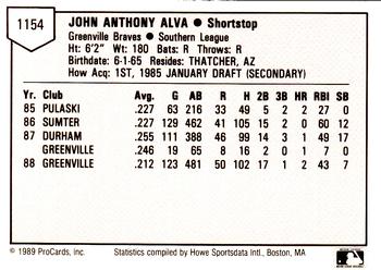 1989 ProCards Minor League Team Sets #1154 John Alva Back