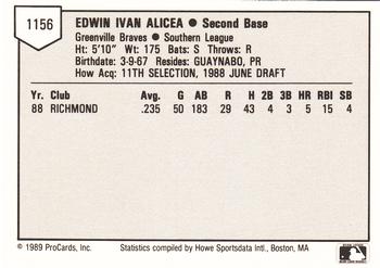 1989 ProCards Minor League Team Sets #1156 Edwin Alicea Back