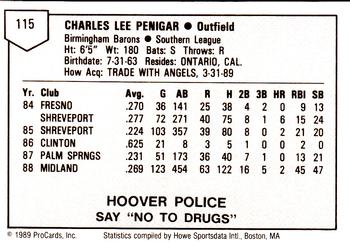 1989 ProCards Minor League Team Sets #115 C.L. Penigar Back