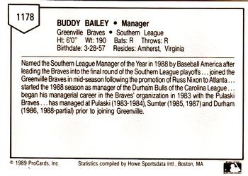 1989 ProCards Minor League Team Sets #1178 Buddy Bailey Back