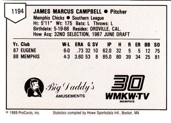 1989 ProCards Minor League Team Sets #1194 Jim Campbell Back
