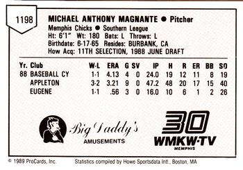 1989 ProCards Minor League Team Sets #1198 Mike Magnante Back