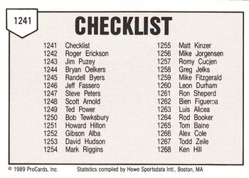 1989 ProCards Minor League Team Sets #1241 Checklist Back
