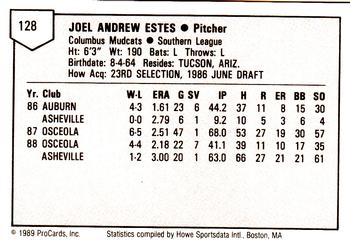 1989 ProCards Minor League Team Sets #128 Joel Estes Back