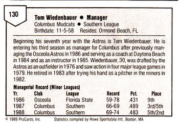 1989 ProCards Minor League Team Sets #130 Tom Wiedenbauer Back