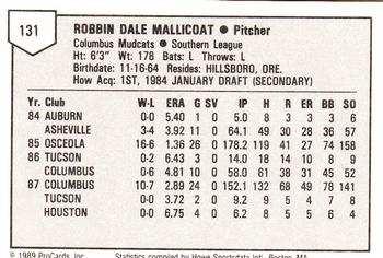 1989 ProCards Minor League Team Sets #131 Rob Mallicoat Back