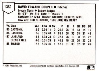 1989 ProCards Minor League Team Sets #1362 Dave Cooper Back