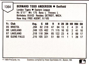 1989 ProCards Minor League Team Sets #1364 Bernie Anderson Back