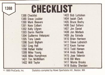 1989 ProCards Minor League Team Sets #1388 Checklist Back