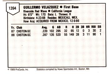 1989 ProCards Minor League Team Sets #1394 Guillermo Velasquez Back