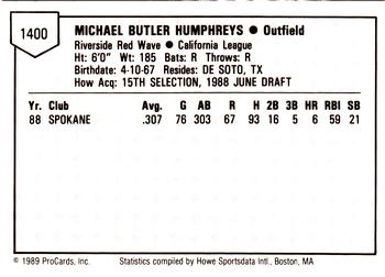1989 ProCards Minor League Team Sets #1400 Mike Humphreys Back