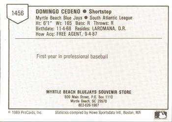 1989 ProCards Minor League Team Sets #1456 Domingo Cedeno Back
