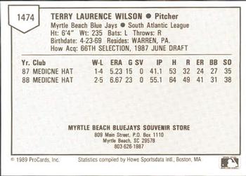 1989 ProCards Minor League Team Sets #1474 Terry Wilson Back