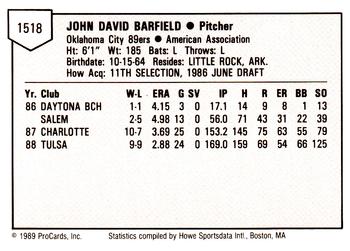1989 ProCards Minor League Team Sets #1518 John Barfield Back